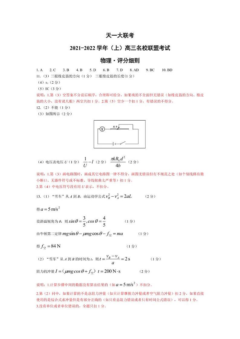 物理-高三名校联盟联考评分细则第1页