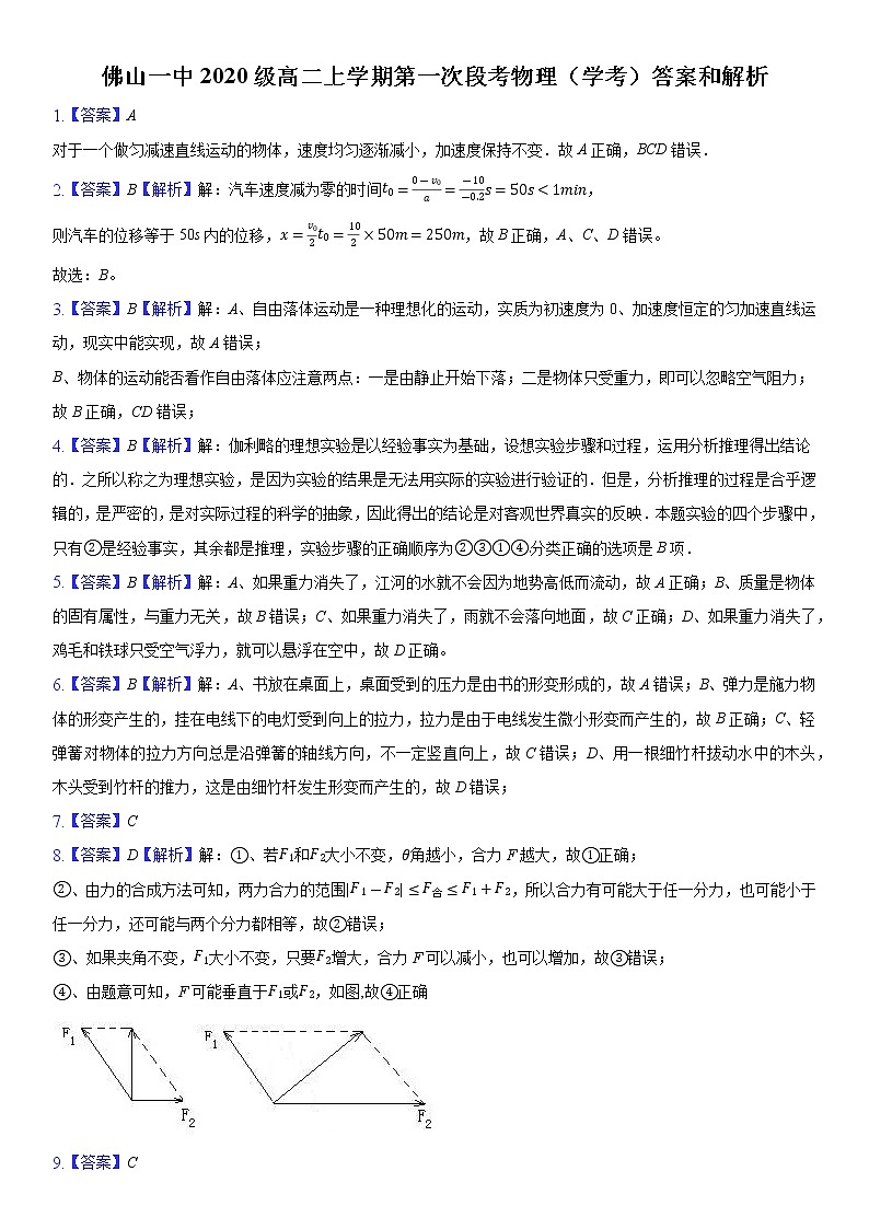 广东省佛山市第一中学2021-2022学年高二上学期第一次段考试题物理（学考）含答案01