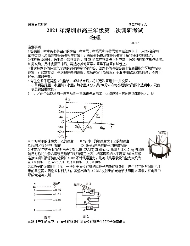 广东省深圳市2021届高三年级4月第二次调研考试物理试卷 word含答案第1页