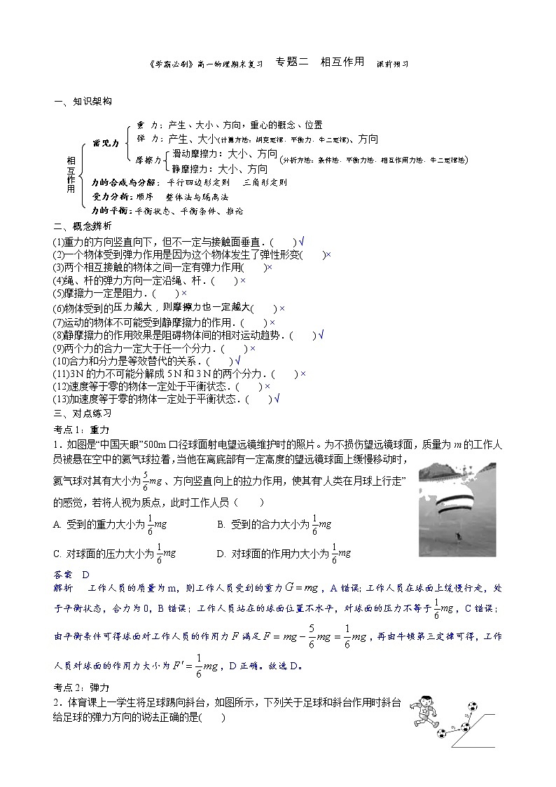 03学霸必刷  高一物理期末复习  专题二  相互作用  预习卷(解析版)01