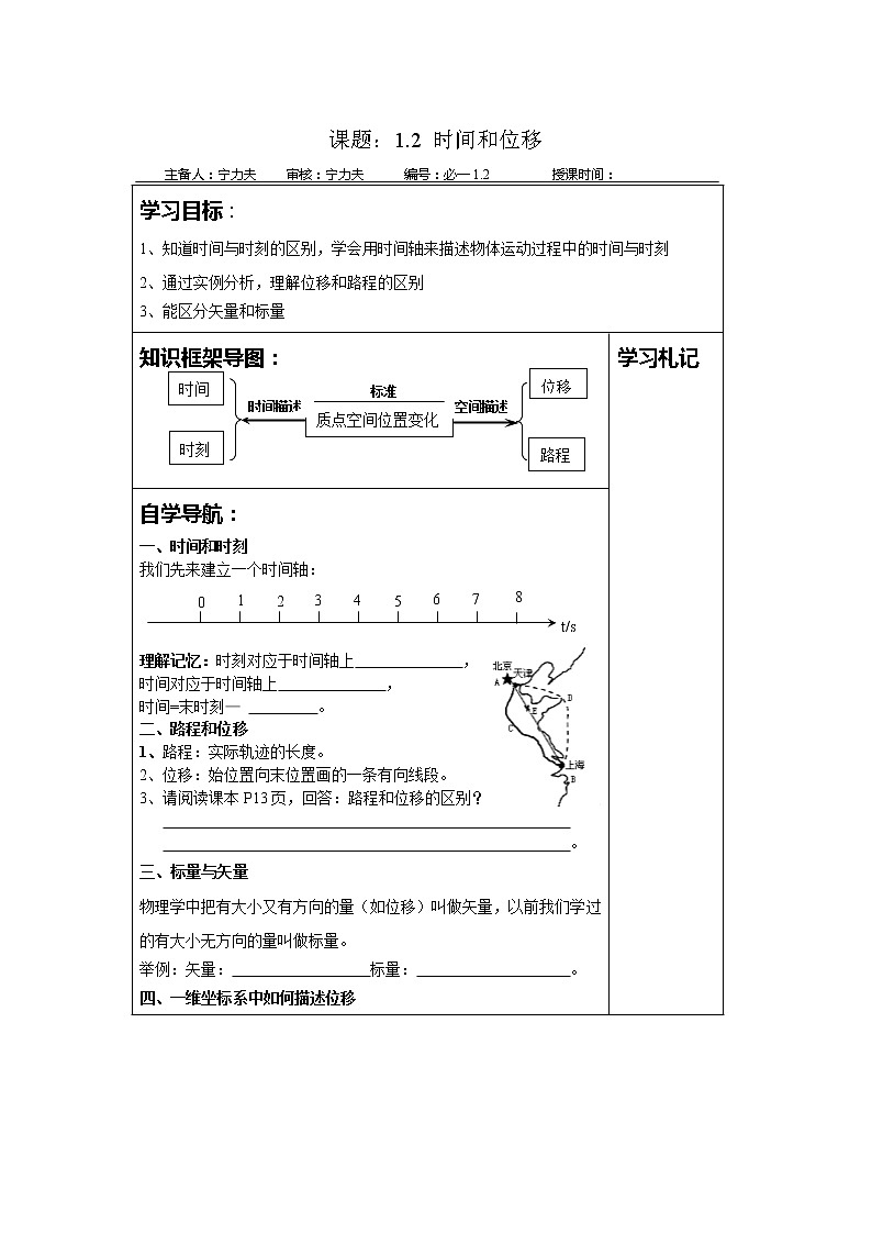 高一物理人教版必修1学案小集 1.2《时间和位移》01