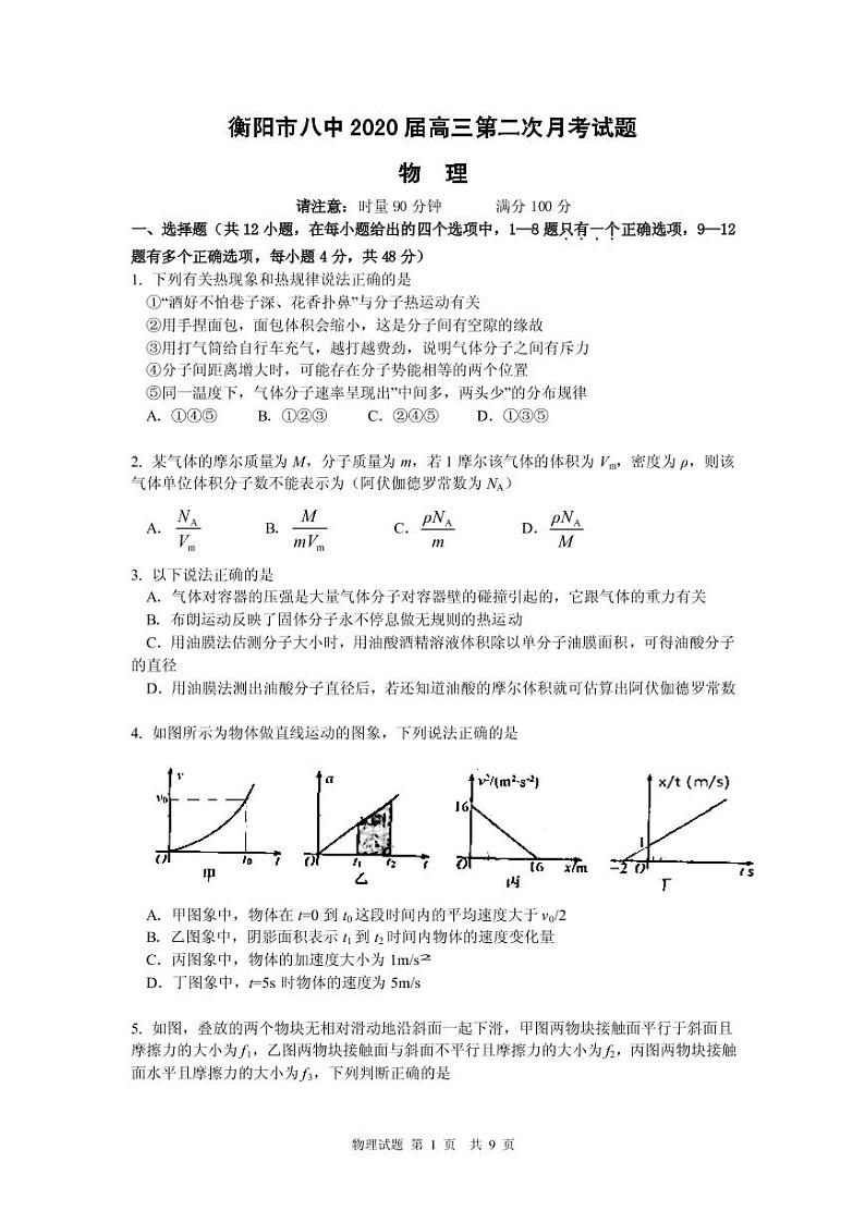 2020届湖南省衡阳市第八中学高三上学期第二次月考试题（9月）物理（PDF版）01