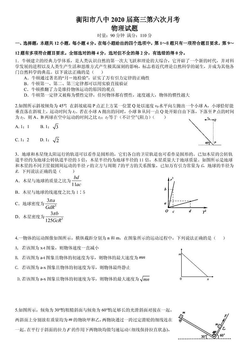 2020届湖南省衡阳市第八中学高三上学期第6次月考试题 物理（PDF版）第1页