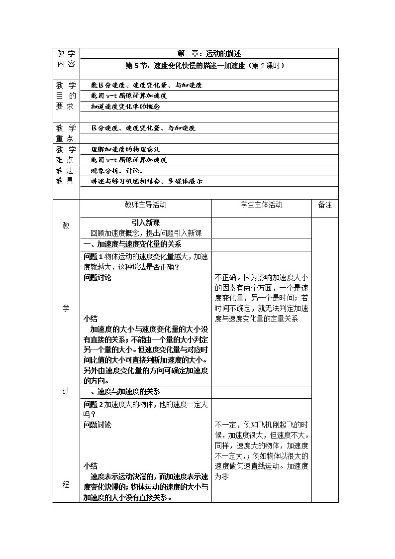 江苏省新沂市第三中学高一物理第一章《速度变化快慢的描述—加速度》教案（2） 人教版必修101