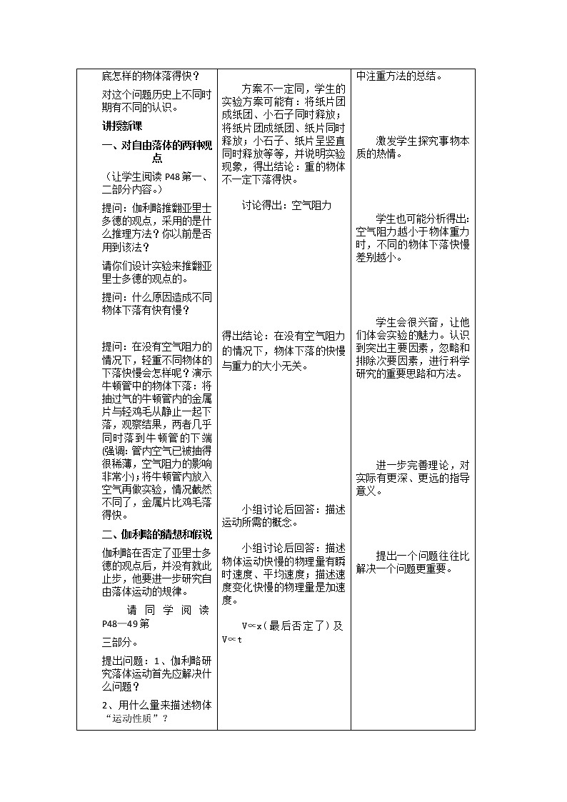 云南省陇川县第一中学高一物理教案《伽利略对自由落体运动的研究》 人教版必修102