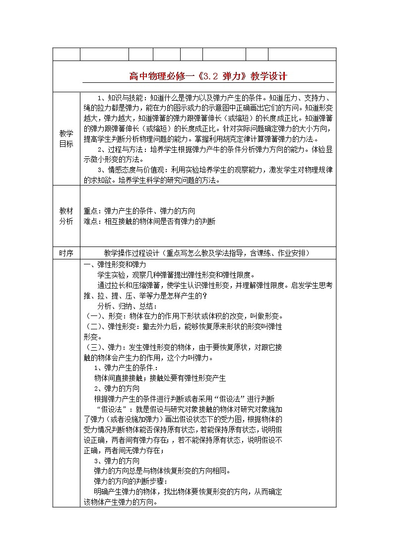 高中物理3.2 《弹力》教学设计 （新人教版必修1）01