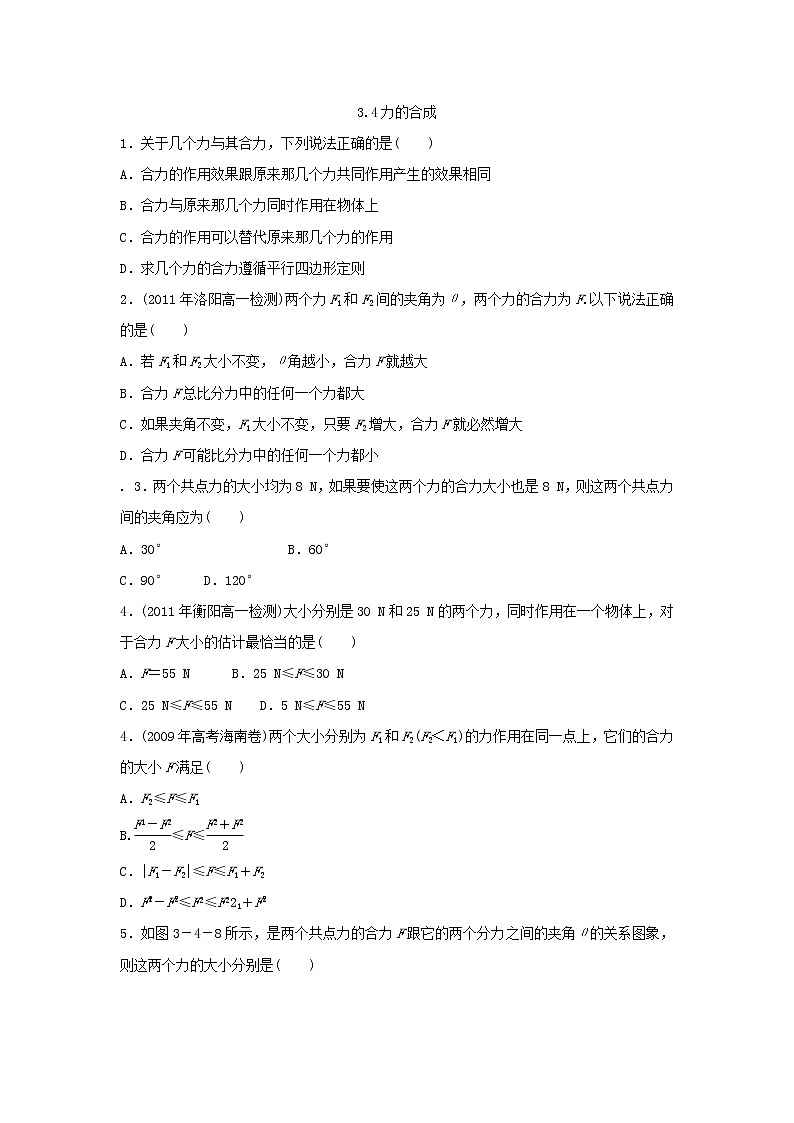 【精品】届高一物理第三章第四节3.4力的合成同步练习（新人教版必修1）第1页