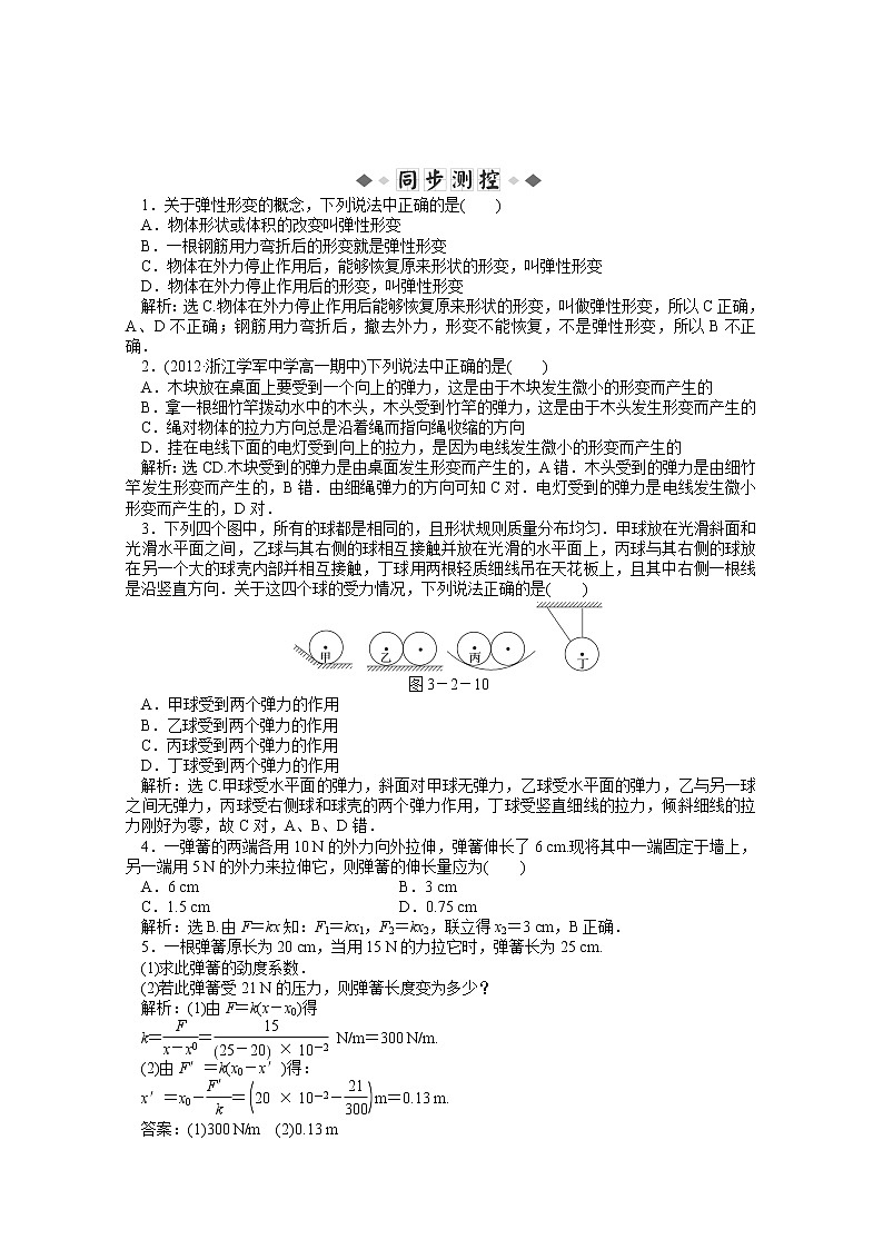 年物理人教版必修1（广东专用）第三章第二节《弹力》知能演练01