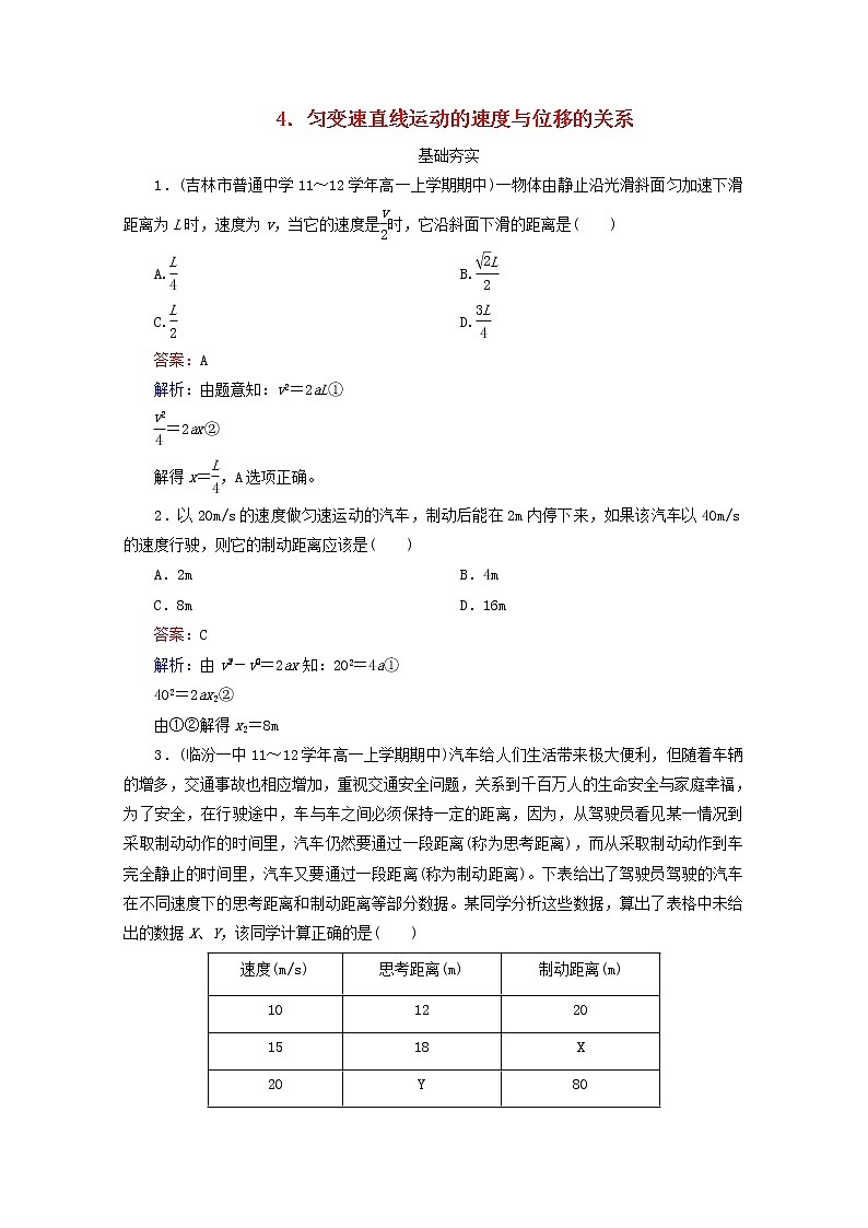 江苏省泰州市高中物理2-4《匀变速直线运动的速度与位移的关系同步检测》新人教版必修1第1页