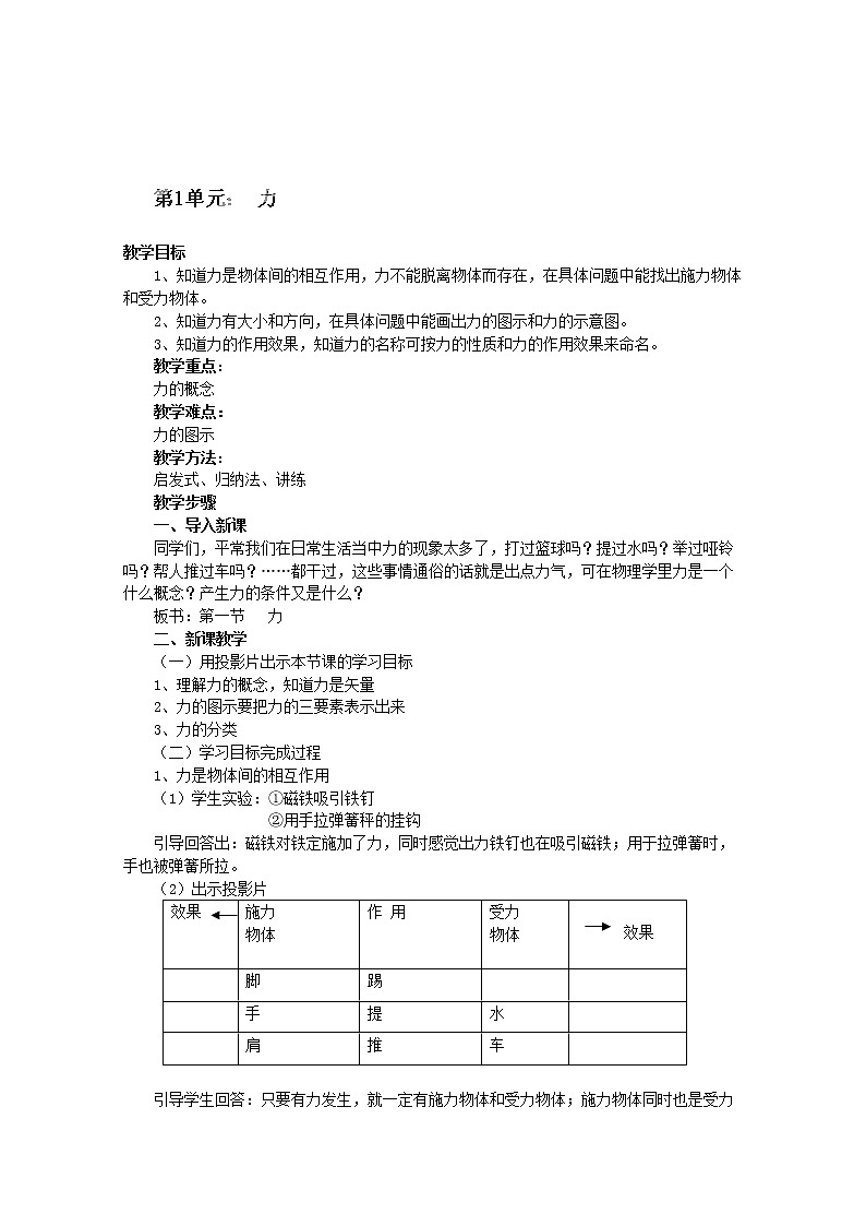 新疆乌鲁木齐县第一中学高一物理第1单元《力》教案 人教版必修101