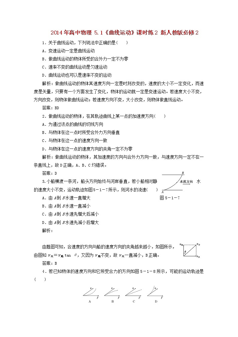 年高一物理：5.1《曲线运动》课时训练2(新人教版)必修201