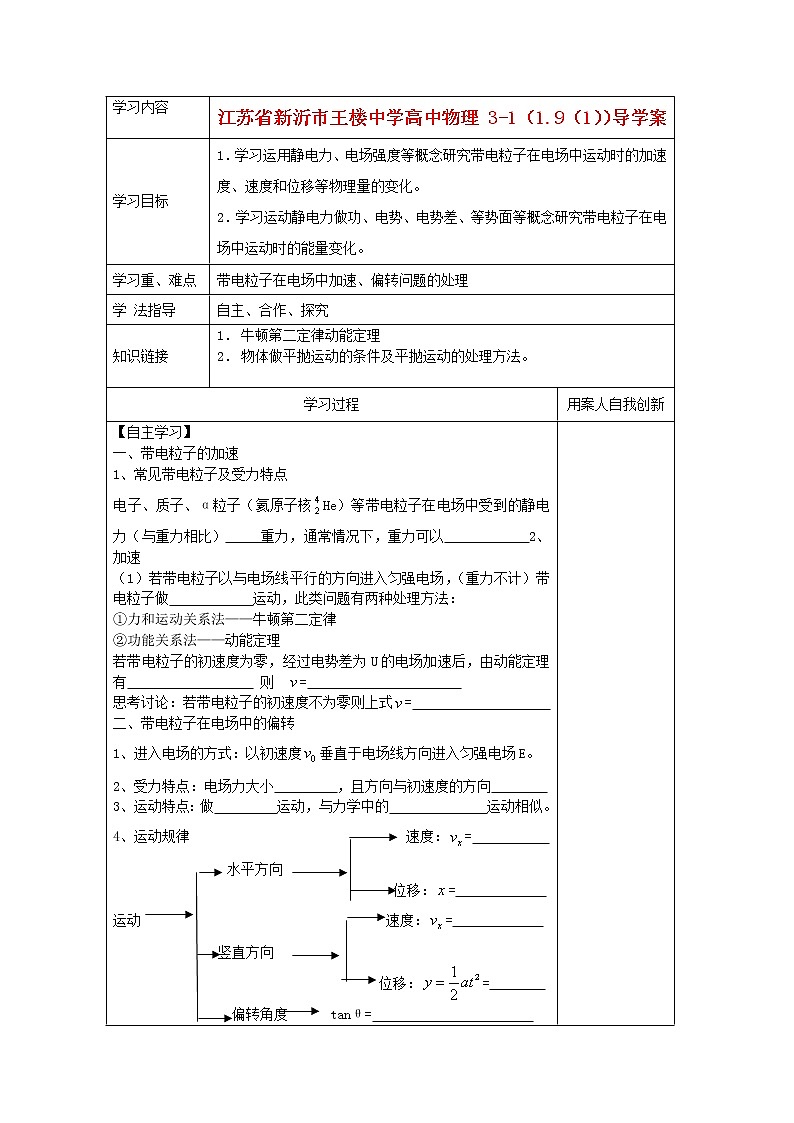 江苏省新沂市王楼中学高中物理：1.9《 带电粒子在电场中的运动 》1导学案（人教版选修3-1）01