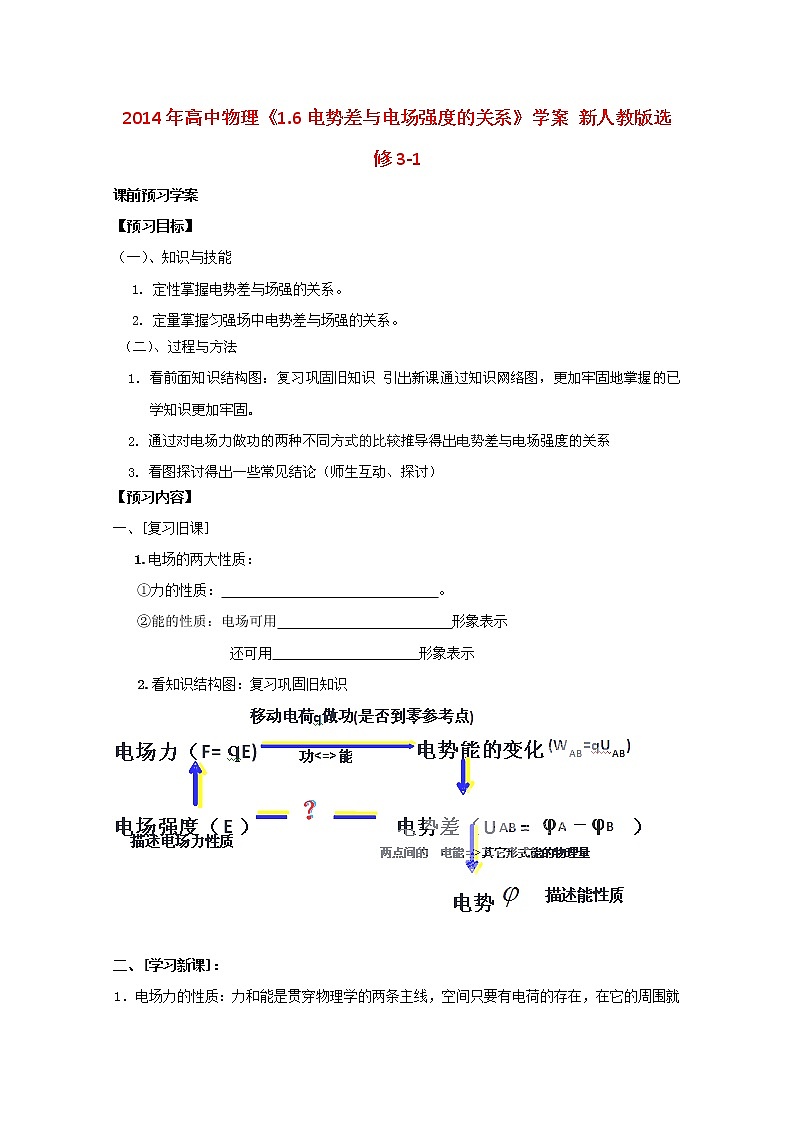 2014年高中物理《1.6电势差与电场强度的关系》学案 新人教版选修3-1第1页