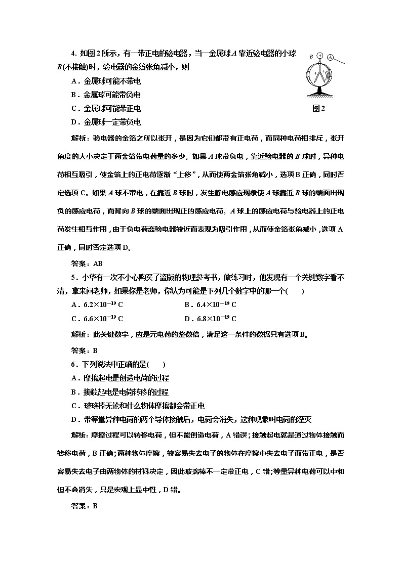 高二物理（人教版选修3-1）同步课堂课上课下检测 第一章 第1节《电荷及其守恒定律》第2页