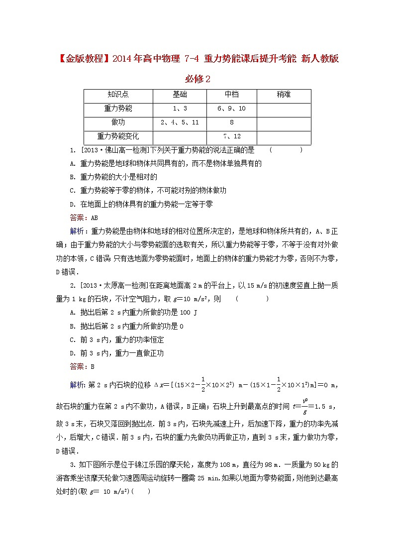 年高一物理：7-4《重力势能》课后提升考能（新人教版）必修2练习题01
