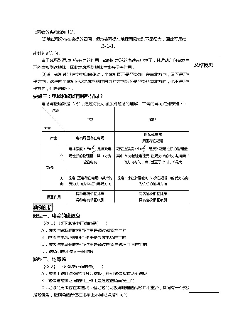 山东省新泰市汶城中学高二物理选修3-1《磁现象和磁场》学案 人教版02