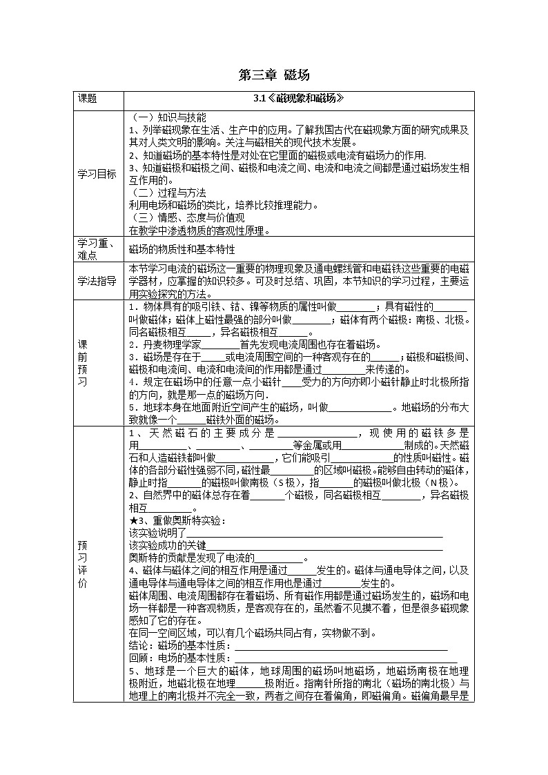 湖北大学附属中学物理（选修3-1）导学案 3.1《磁现象和磁场》（人教版）01