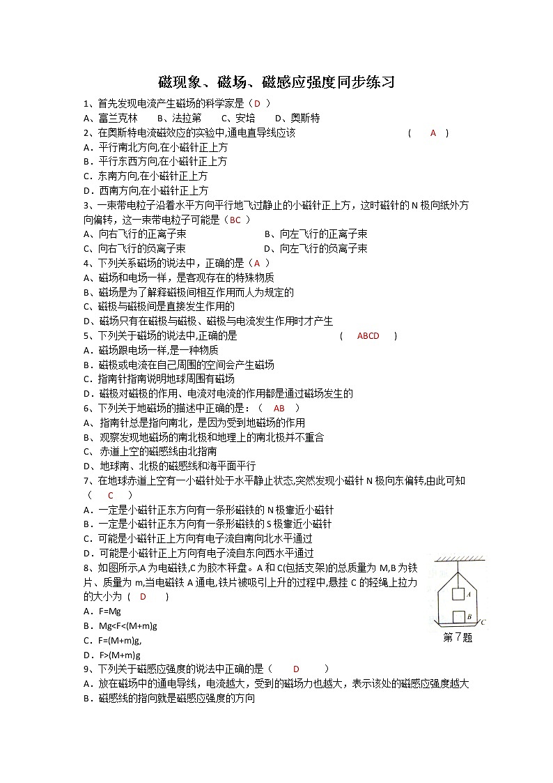 高二物理同步练习 3.1 磁现象、磁场、磁感应强度 （人教版选修3-1）第1页