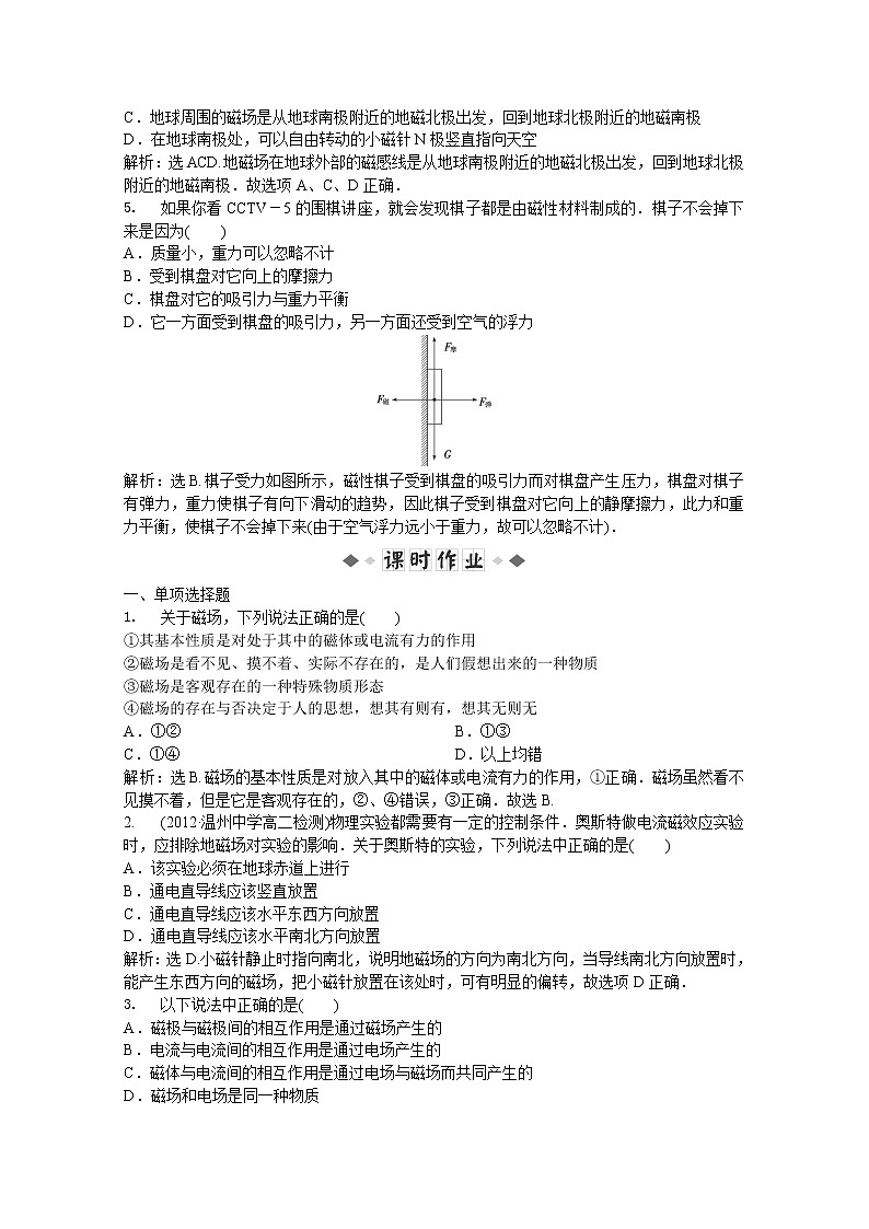 年人教版物理选修3-1：第三章第一节《磁现象和磁场》知能演练第2页