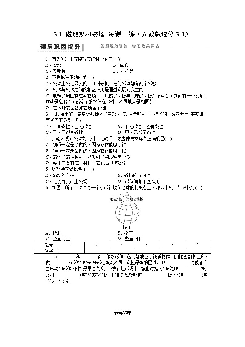 高二物理每课一练 3.1 磁现象和磁场 （人教版选修3-1）01