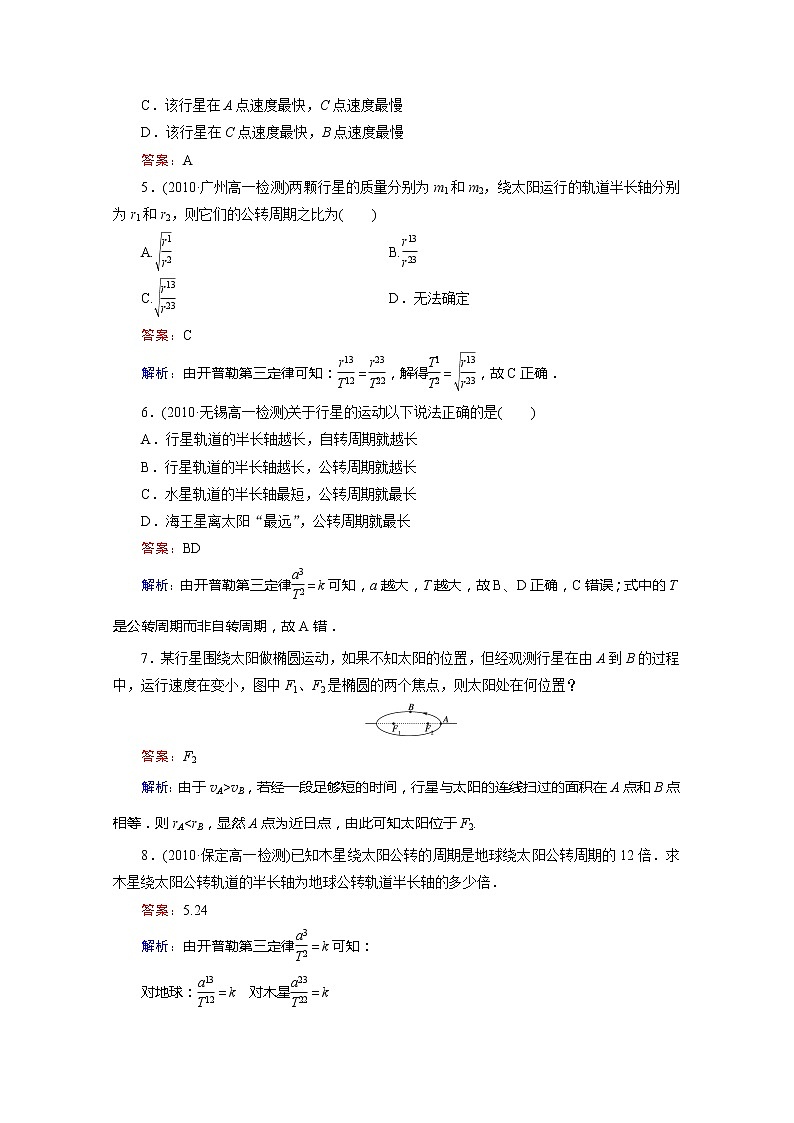江苏省泰州中学高一物理必修2同步检测 6.1《行星的运动》同步检测（人教版）02