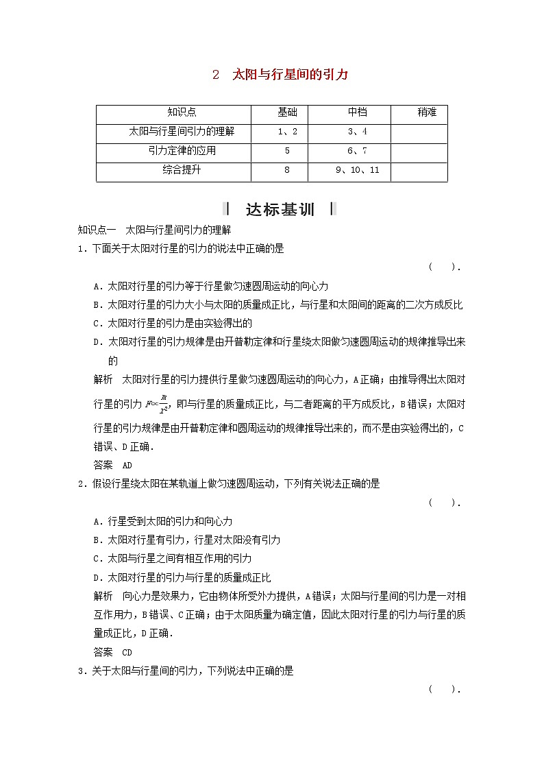 年春高中物理 6.2《太阳与行星间的引力》课时练2 新人教版必修201