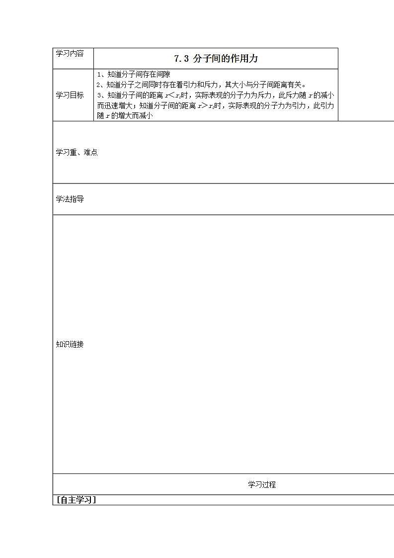 江苏省新沂市王楼中学高中物理《7.3分子间的作用力》导学案（人教版选修3-3）01