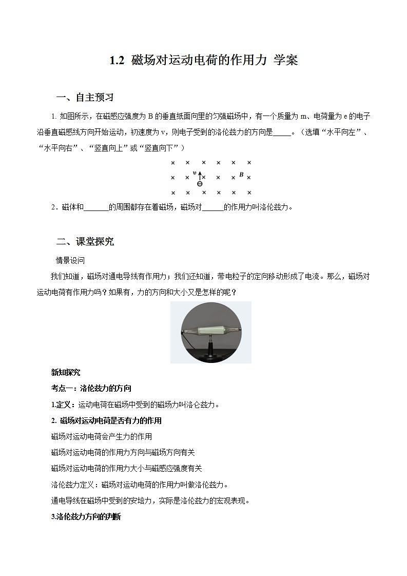 1.2 磁场对运动电荷的作用力 学案01
