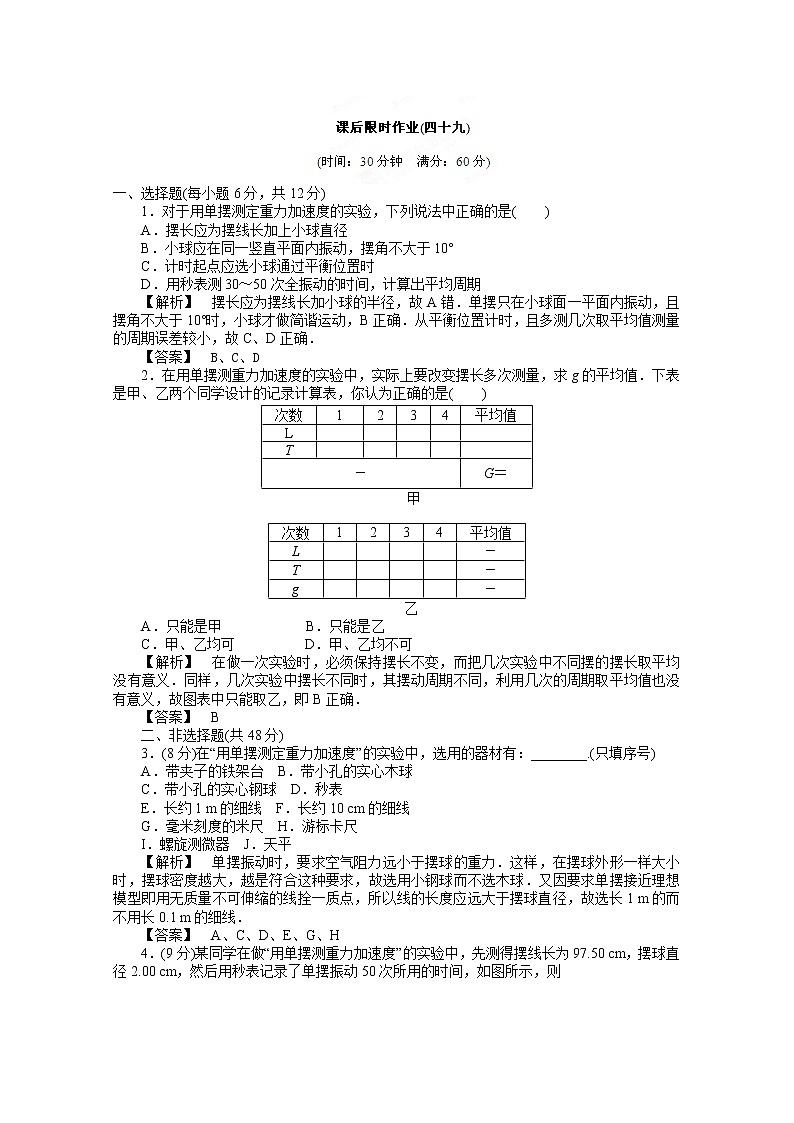 高考物理同步  （人教版）   第12章第3讲 探究单摆的运动 用单摆测定重力加速度③课后作业01