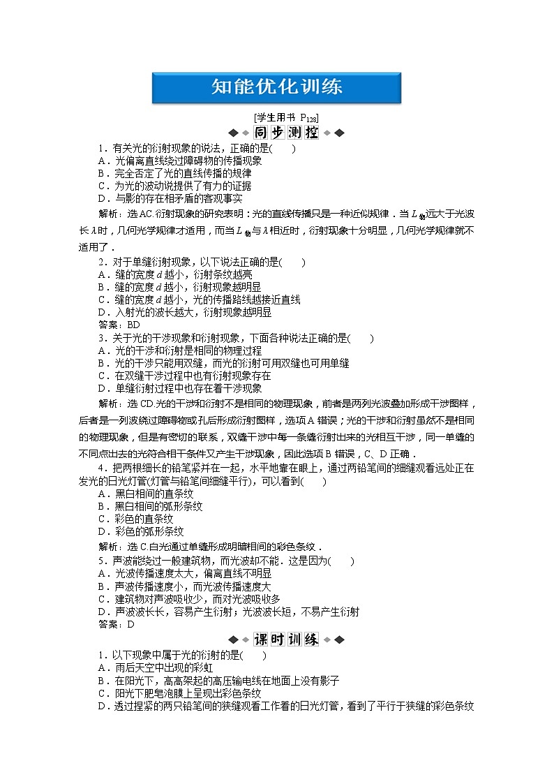 高中物理核心要点突破系列：第20章第二节《光的衍射》智能优化训练（人教版选修3-4）第1页