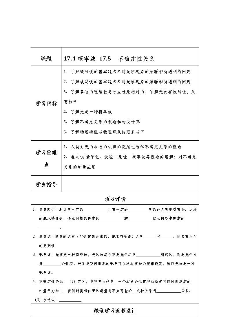 湖北大学附属中学物理（选修3-5）导学案 17.4《概率波 17.5  不确定性关系》（人教版）01