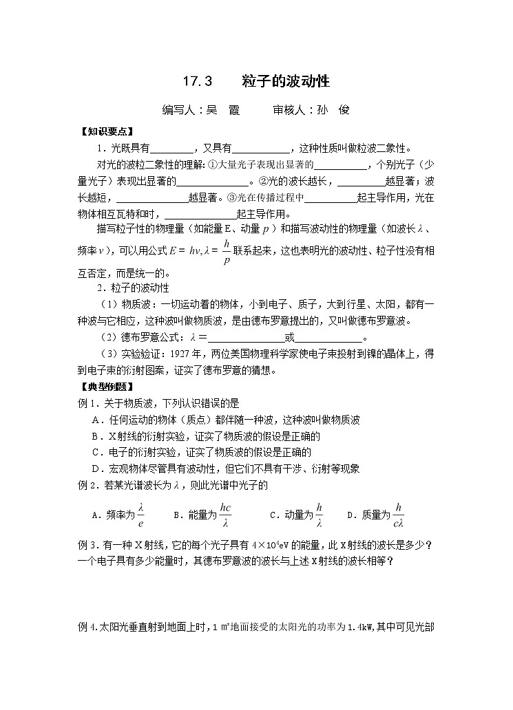 人教版物理选修3-5：17.3粒子的波动性 学案第1页