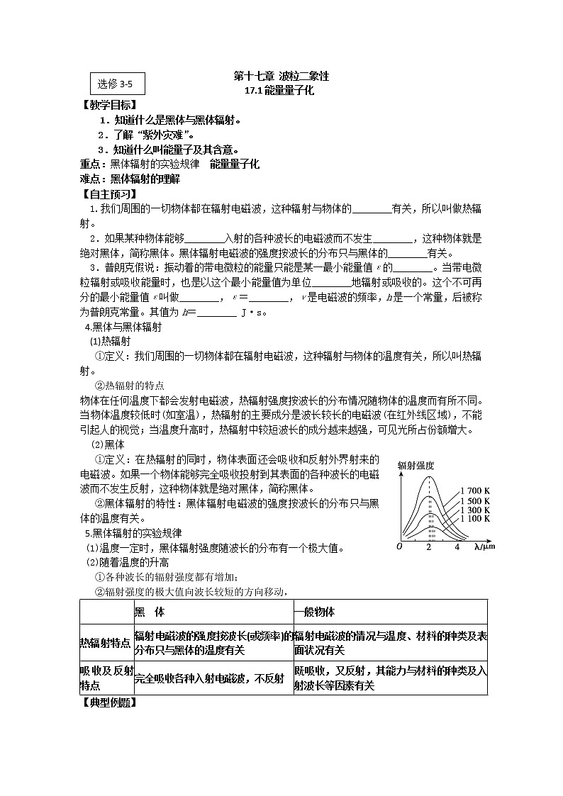 江苏桃州中学届高二物理选修3-5导学案 17.1《能量量子化》（人教版）第1页