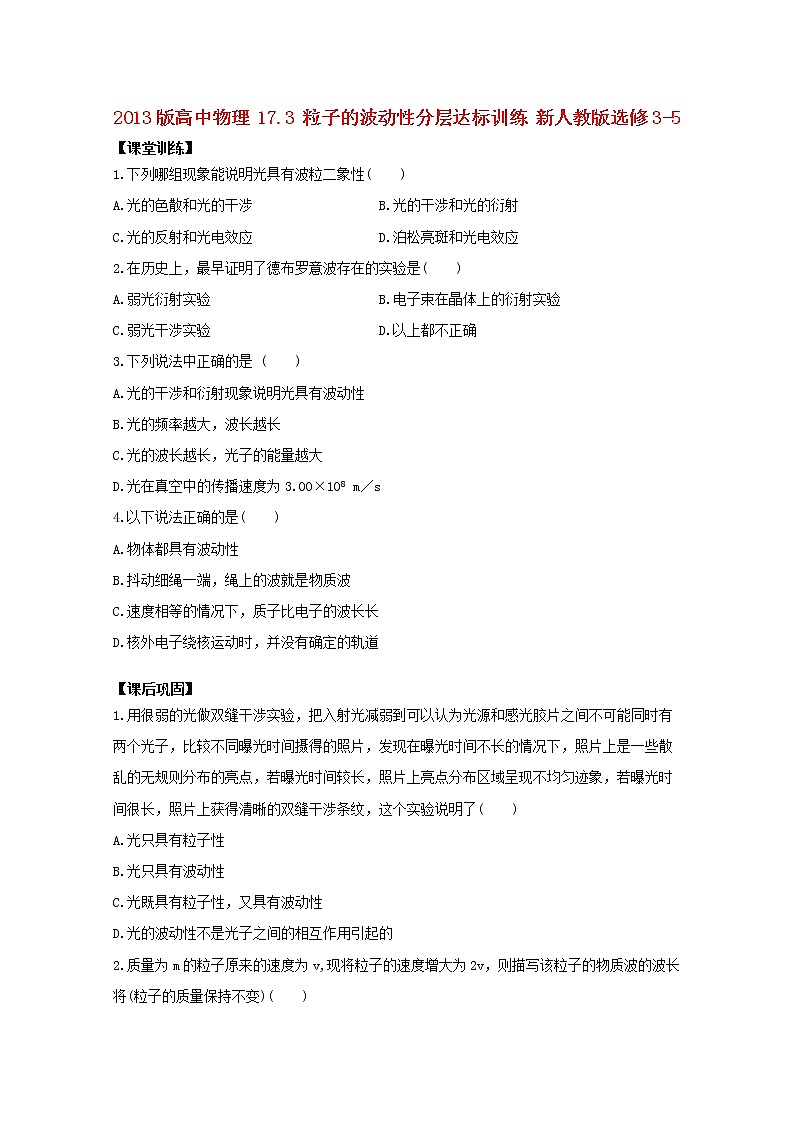高二物理：17.3《粒子的波动性》1同步（新人教版）选修3-5练习题第1页