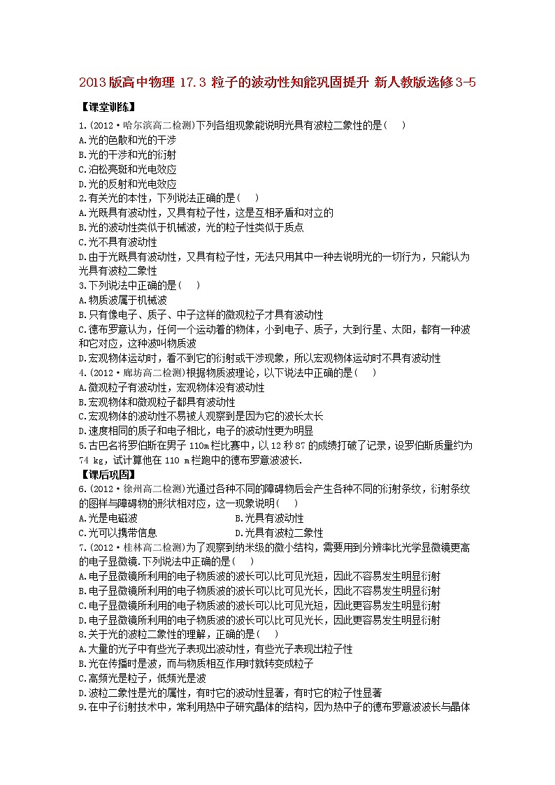 高二物理：17.3《粒子的波动性》2同步（新人教版）选修3-5练习题01