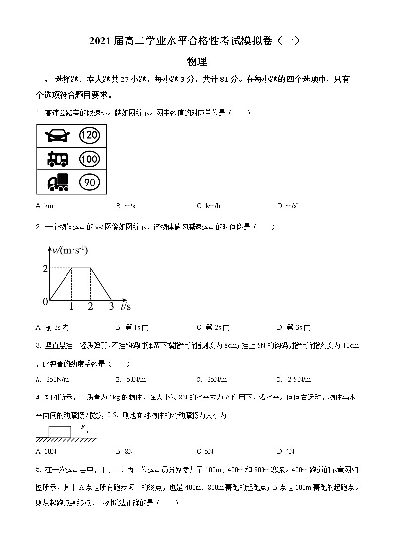 江苏省盐城市2020-2021学年高二（上）12月学业水平合格性考试模拟物理试题（一）第1页