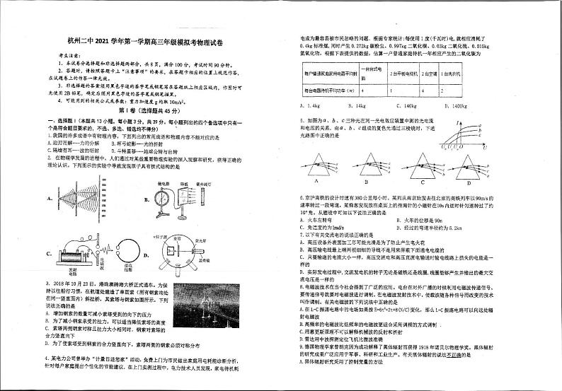 2022届浙江省杭州市第二中学高三上学期模拟考物理试题 PDF版含答案01