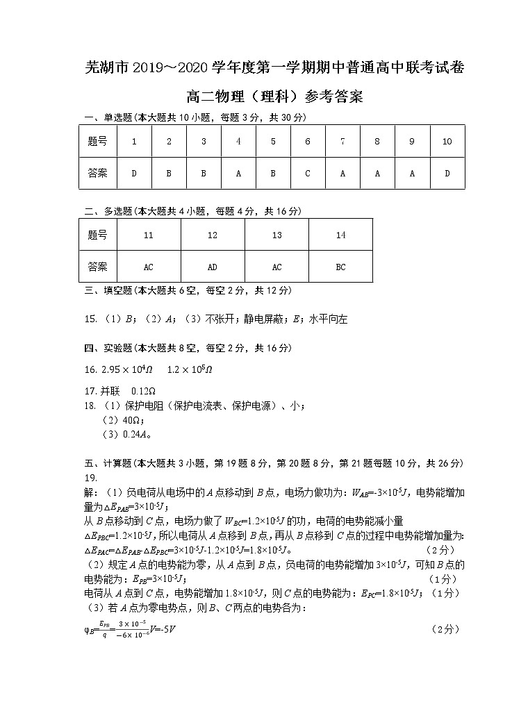 安徽省芜湖市2019-2020学年高二上学期期中（联考）物理（理）答案第1页
