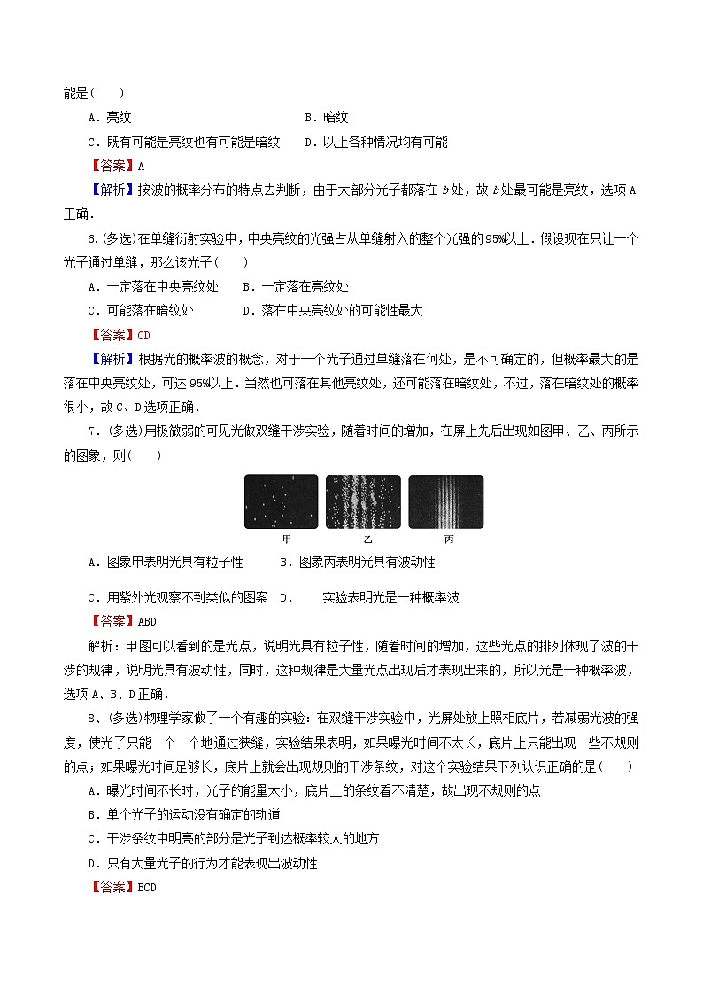 高二物理寒假作业同步练习题概率波含解析02