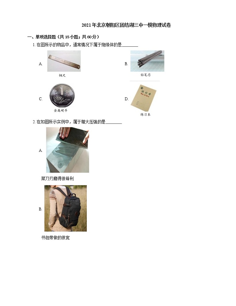 2021年北京朝阳区团结湖三中一模物理试卷01