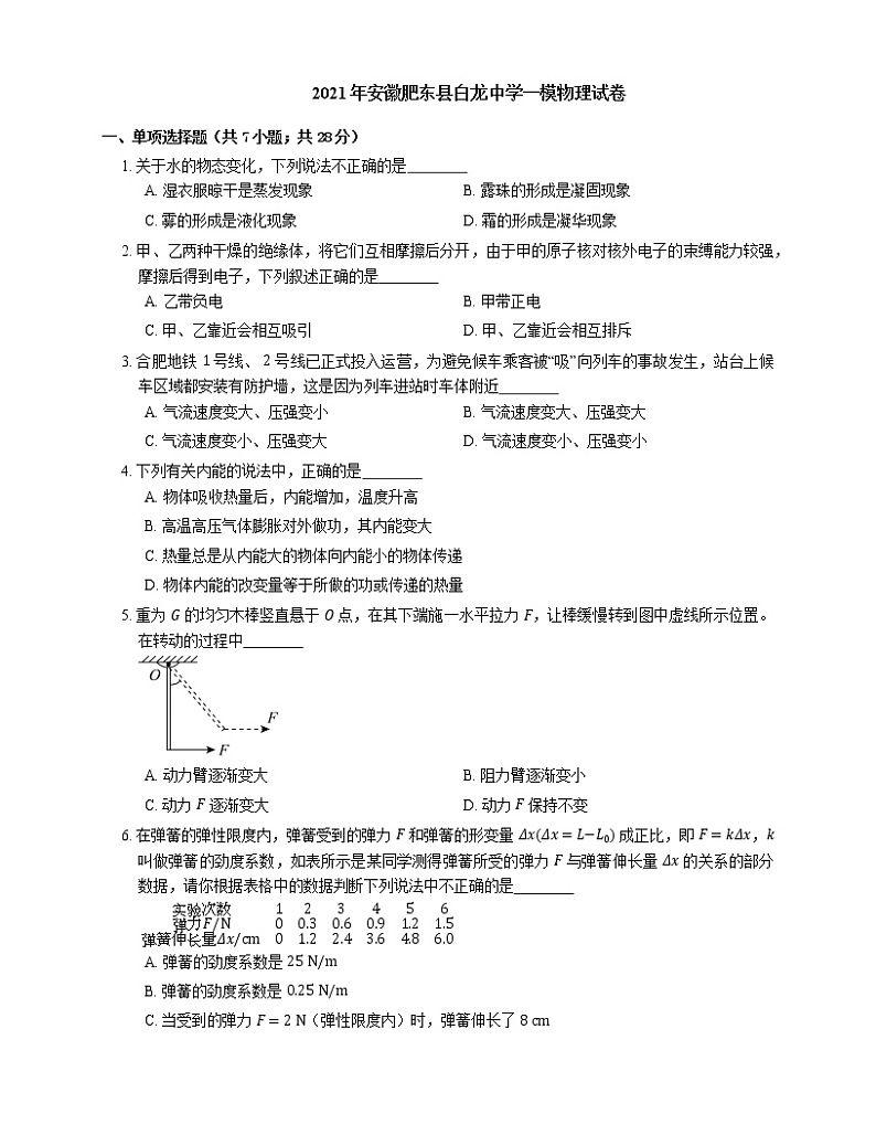2021年安徽肥东县白龙中学一模物理试卷01