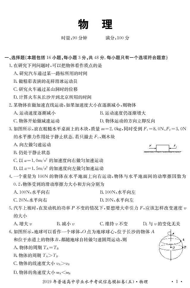2019-2020学年湖南省高二学业水平考试信息模拟（五）物理试题 pdf版第1页