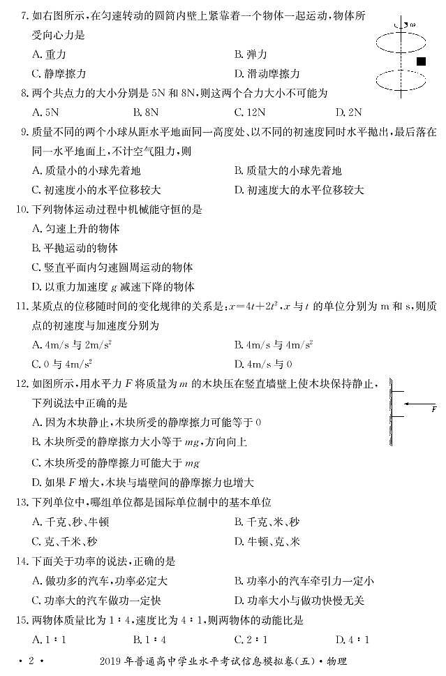 2019-2020学年湖南省高二学业水平考试信息模拟（五）物理试题 pdf版第2页
