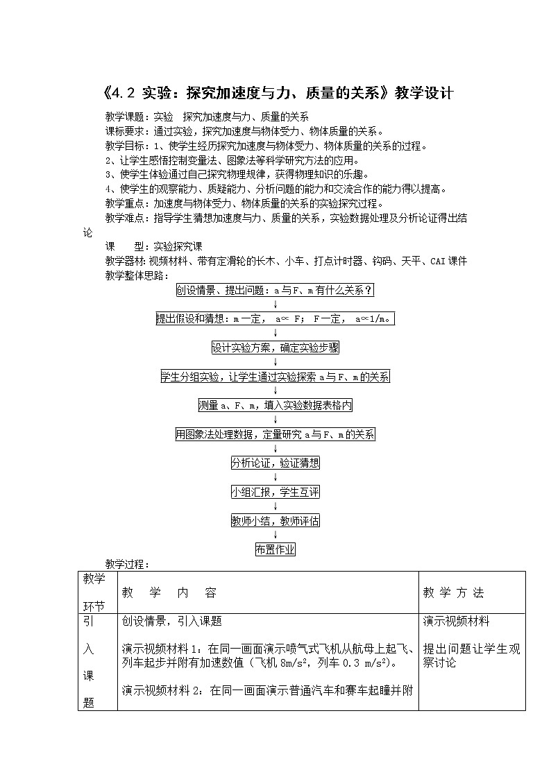 人教版（2019）第一册《实验：探究加速度与力、质量的关系》教学设计01
