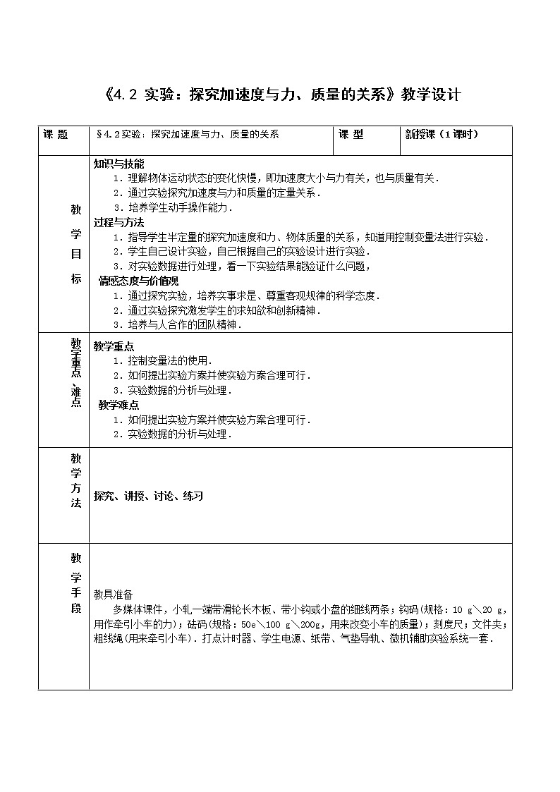 人教版（2019）第一册《实验：探究加速度与力、质量的关系》教学设计第1页