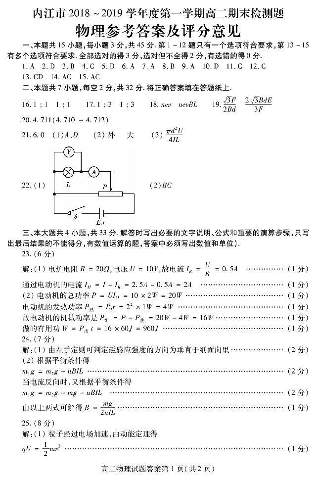 2019-2020学年四川省内江市高二上学期期末检测物理试题 pdf版01