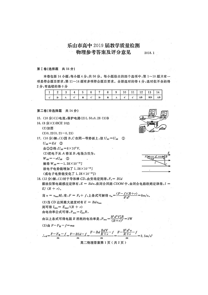 2017-2018学年四川省乐山市高二上学期期末教学质量检测物理试题（pdf版）01