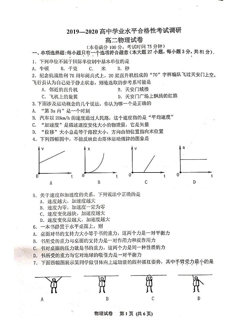 2019-2020学年江苏省徐州市邳州县高二学业水平调研考试物理试题（pdf版）第1页