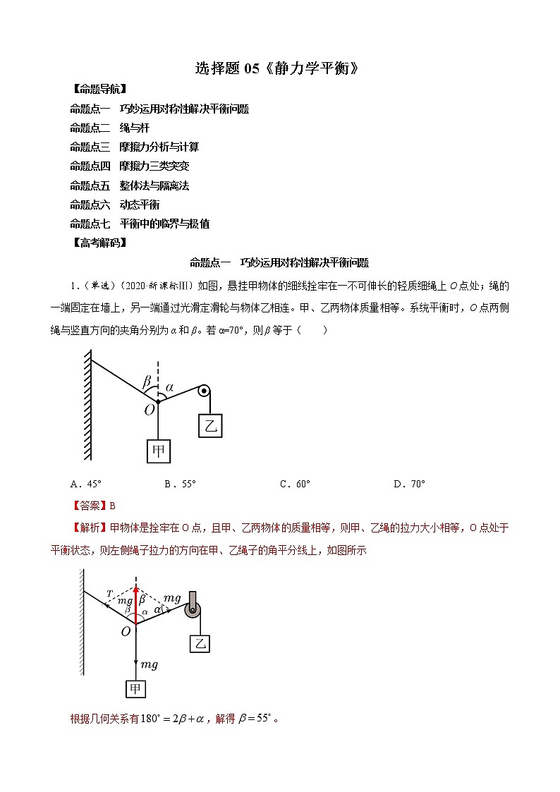 选择题05 《静力学平衡》-解码高考2021物理一轮复习题型突破（解析版）第1页