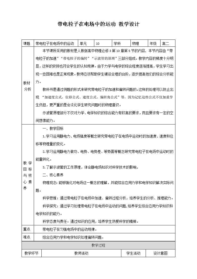 第10章第5节 带电粒子在电场中的运动 教学设计第1页